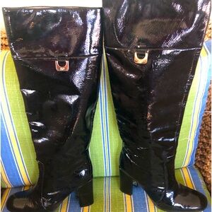 Diane Von Furstenberg Black Patent Leather High Boots w U Shaped Heel 7.5